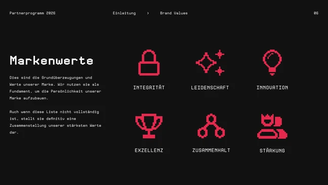 Bodax Gaming pitch deck — brand values spread