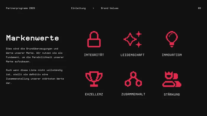 Bodax Gaming pitch deck — brand values spread