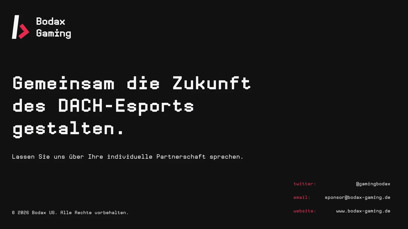 Bodax Gaming pitch deck — closing CTA spread